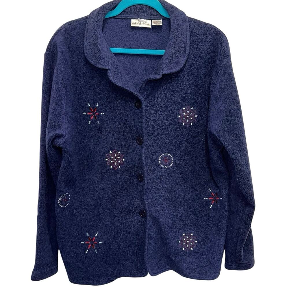 Nick & Sarah Fleece Cardigan Medium Blue Embroidered Snowflake Button‎ Jacket